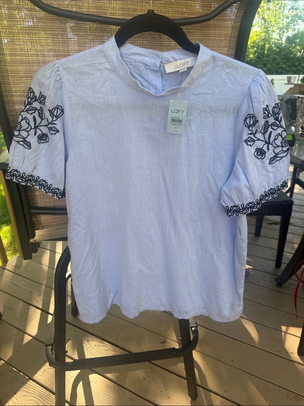 LOFT Light Blue Puff Sleeve Blouse with Black Embroidery